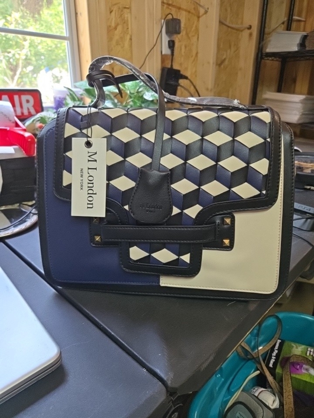 M London Blue and White Lattice Pattern Leather Bag